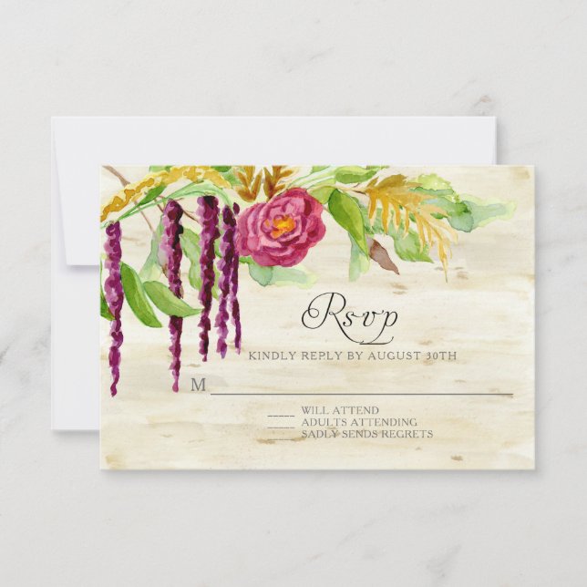 Burgundy Floral BOHO Rustic Wood RSVP Response (Front)