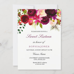 Burgundy Floral Boho Sweet Sixteen Invitation