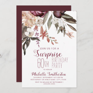 Burgundy Floral Boho Vintage 60th Birthday Invitation