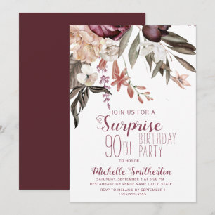 Burgundy Floral Boho Vintage 90th Birthday Invitation