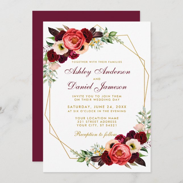 Burgundy Floral Boho Wedding Gold Frame B Invitation (Front/Back)