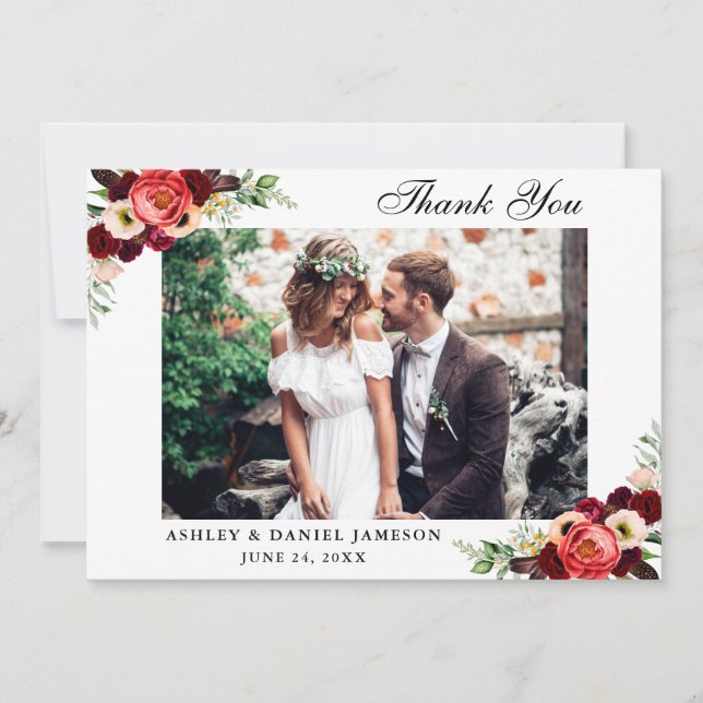 Burgundy Floral Boho Wedding Photo Thank You Card (Front)