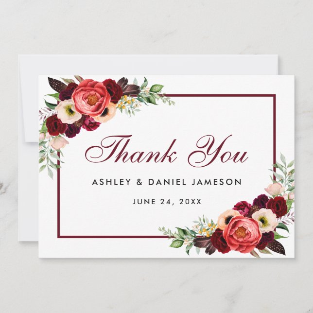 Burgundy Floral Boho Wedding Thank You Card B (Front)