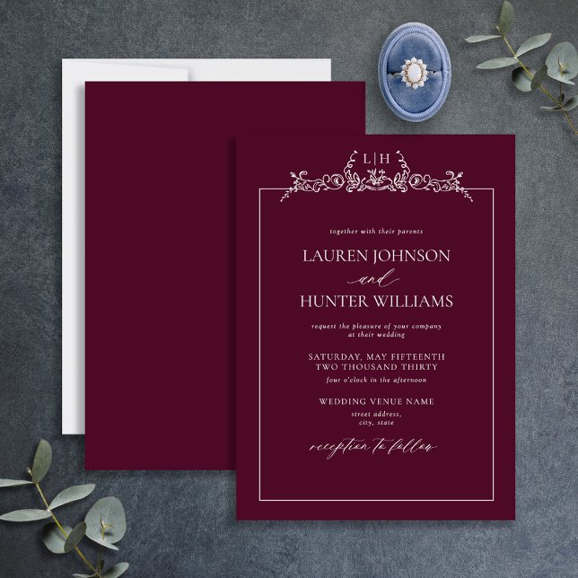 Burgundy Floral Border Monogram Wedding Invitation (Creator Uploaded)