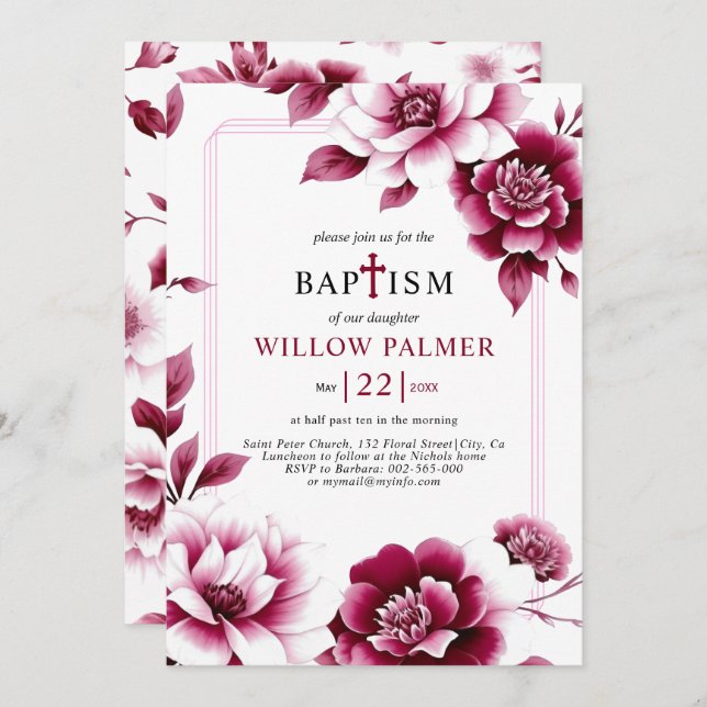 Burgundy floral border, triple border girl Baptism Invitation (Front/Back)