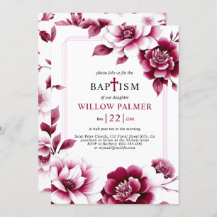 Burgundy floral border, triple border girl Baptism Invitation