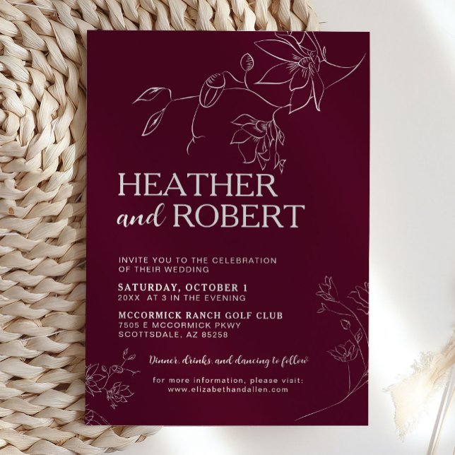 Burgundy Floral Botanical Boho Simple Wedding Invitation (Creator Uploaded)