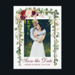 Burgundy Floral Botanical Green Save The Date Announcement Postcard<br><div class="desc">Modern Elegant,  Botanical Green Eucalyptus Leaves,  Watercolor Burgundy Marsala Floral,  Wood Frame,  Save The Date Engagement Photo Postcard</div>