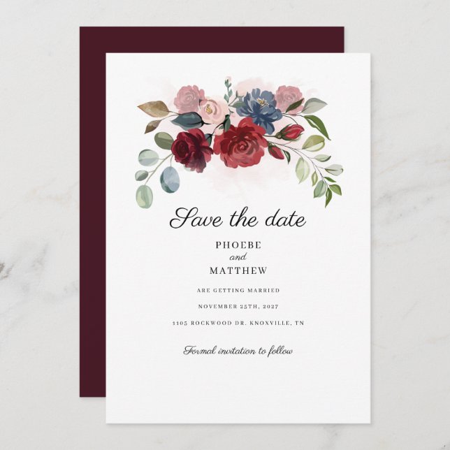 Burgundy Floral Botanical Modern Save The Date (Front/Back)