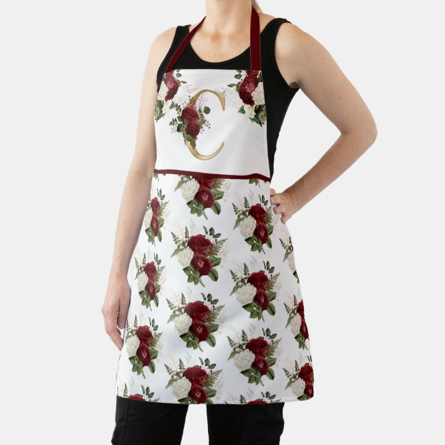 Burgundy Floral Bouquet - Gold Tone Monogram C Apron (Insitu)
