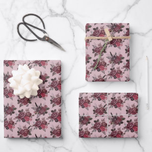 Burgundy Floral Bouquet on Grey-Pink Wrapping Paper Sheet