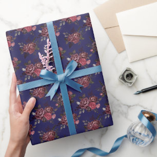 Burgundy Floral Bouquet on Navy Blue Wrapping Paper