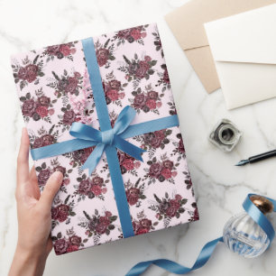 Burgundy Floral Bouquet on Pink Lemonade Wrapping Paper