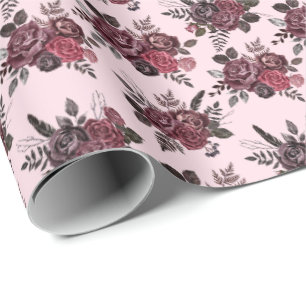 Burgundy Floral Bouquet on Soft Pink Wrapping Paper