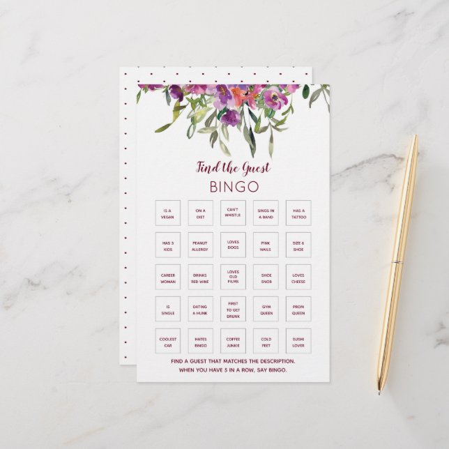 Burgundy floral Bridal Shower Bingo Game (Front/Back In Situ)