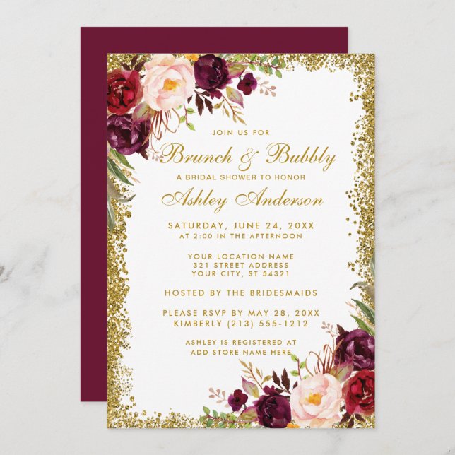 Burgundy Floral Bridal Shower Brunch Invite Gold G (Front/Back)