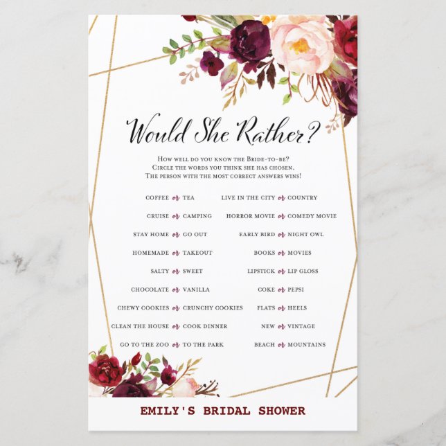 Burgundy Floral Bridal Shower Game, Wedding Shower (Front)