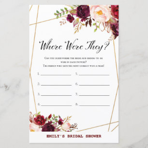Burgundy Floral Bridal Shower Game, Wedding Shower