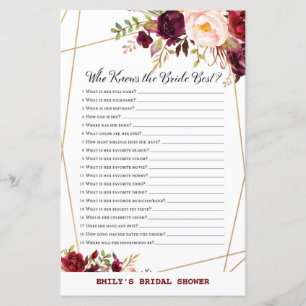 Burgundy Floral Bridal Shower Game, Wedding Shower