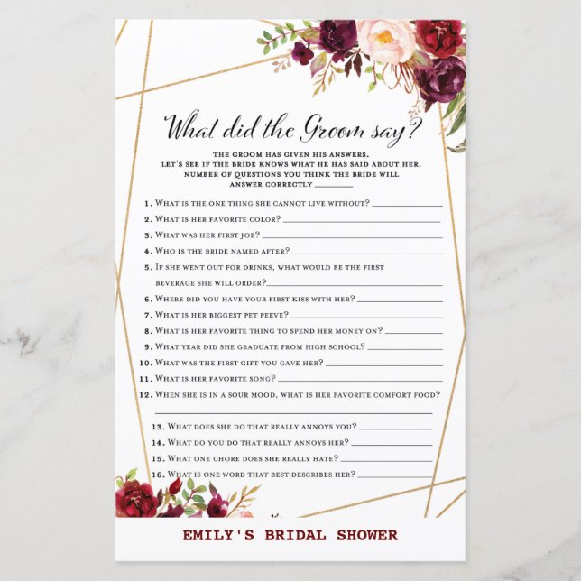 Burgundy Floral Bridal Shower Game, Wedding Shower (Front)