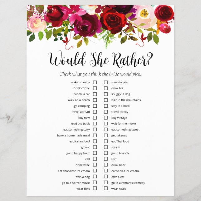 Burgundy Floral Bridal Shower Games Flyer (Front)