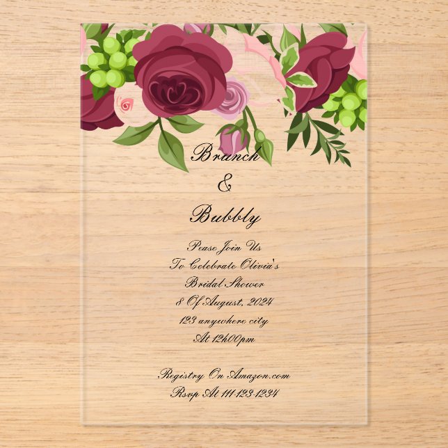 Burgundy floral bridal shower invitation  (Front)