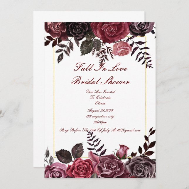 Burgundy floral bridal shower invitation (Front/Back)