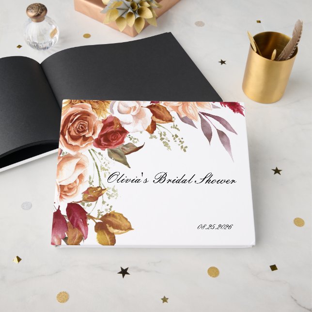 Burgundy floral bridal shower invitation  guest book (Front Open)