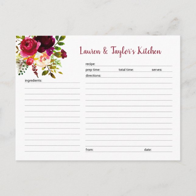 Burgundy floral bridal shower recipe card (Front)