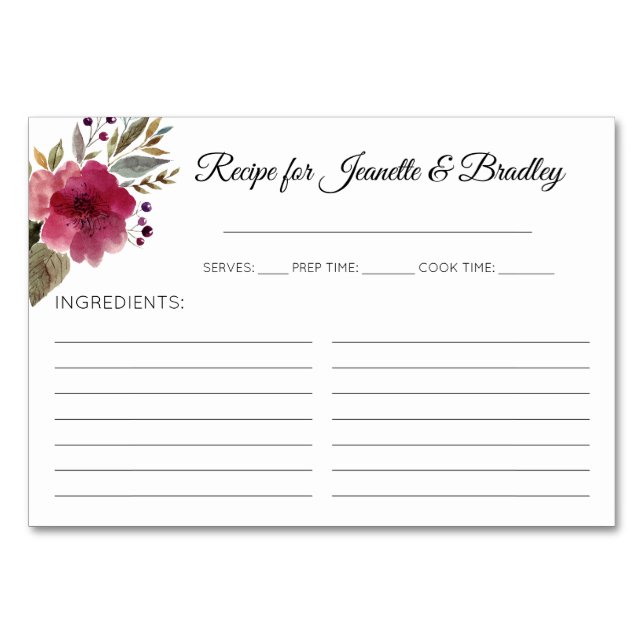 Burgundy Floral Bridal Shower Recipe Cards (Front)