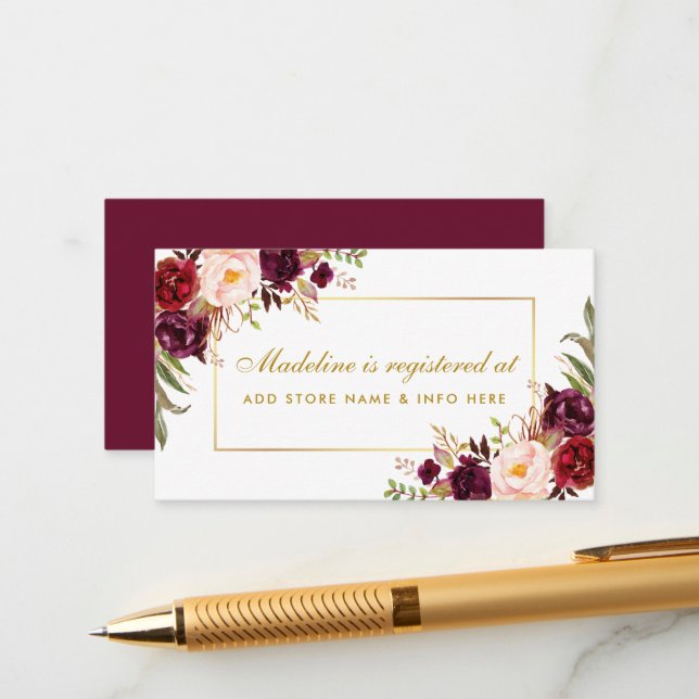 Burgundy Floral Bridal Shower Registry Insert Card (Front/Back In Situ)