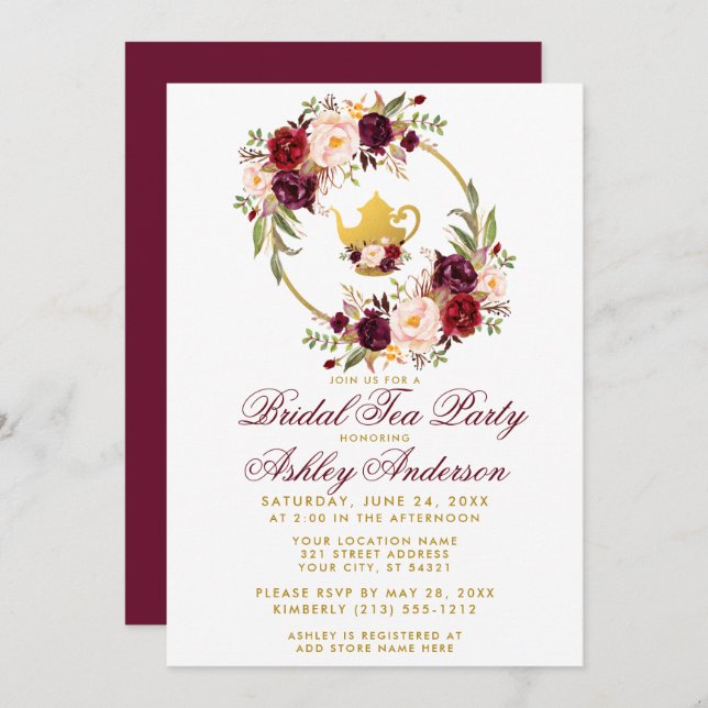 Burgundy Floral Bridal Shower Tea Party Invite B (Front/Back)