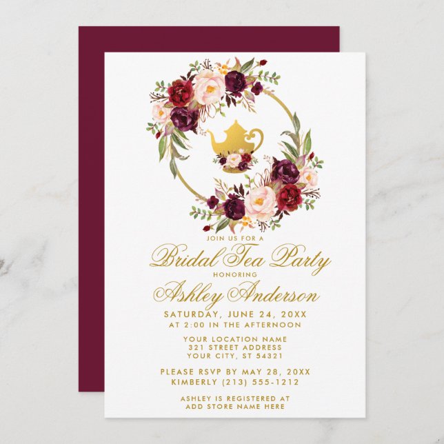 Burgundy Floral Bridal Shower Tea Party Invite GB (Front/Back)