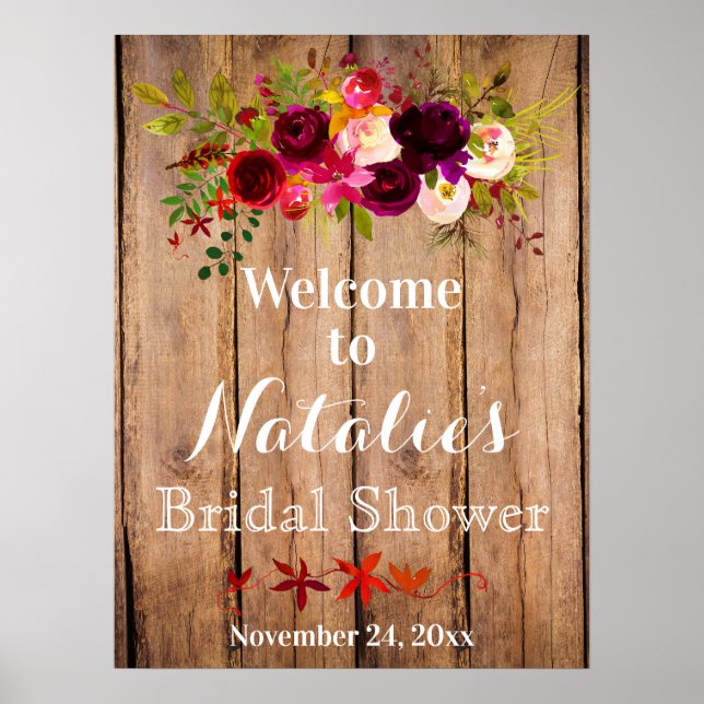 Burgundy Floral Bridal Shower Welcome Poster (Front)