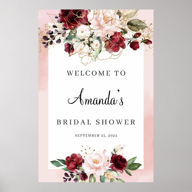 Burgundy Floral Bridal Shower Welcome Poster 24x36 (Front)