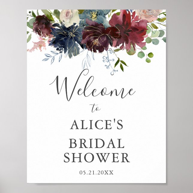 Burgundy Floral Bridal Shower Welcome Sign (Front)