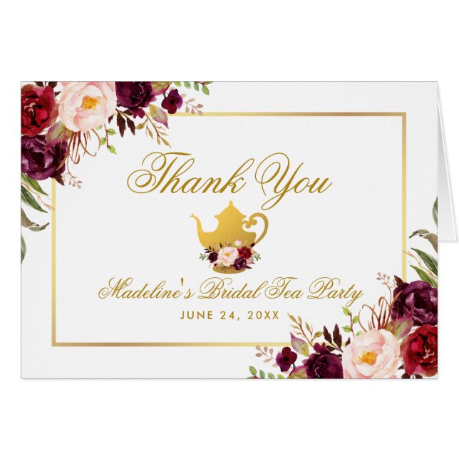 Burgundy Floral Bridal Tea Party Thanks Note (Front Horizontal)