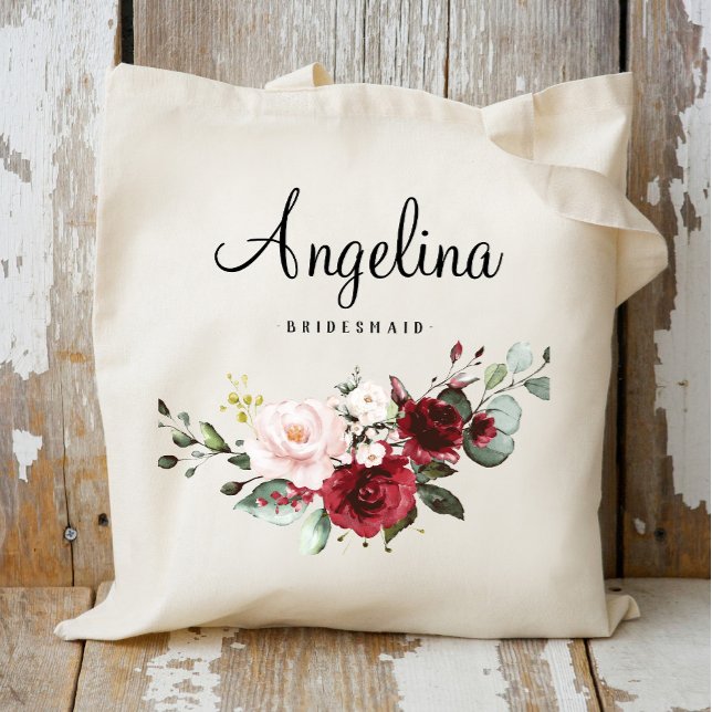 Burgundy Floral Bridesmaid Personalized Tote Bag (Creator Uploaded)