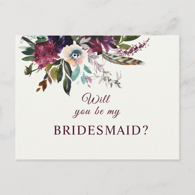 Burgundy Floral Bridesmaid Proposal Postcard (Front)