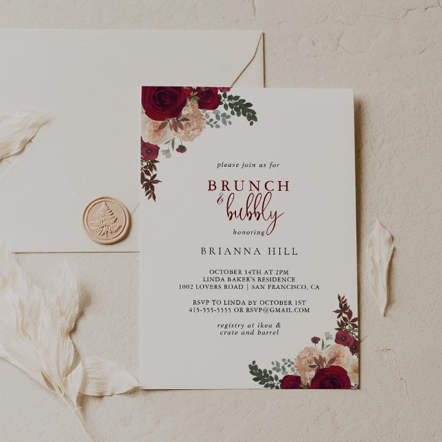 Burgundy Floral Brunch and Bubbly Bridal Shower  Invitation (Creator Uploaded)