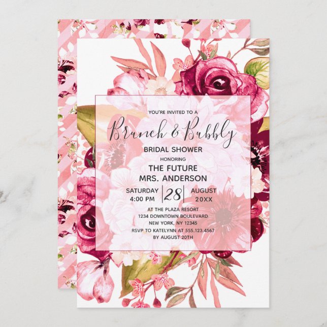 Burgundy Floral Brunch & Bubbly Bridal Shower Invitation (Front/Back)