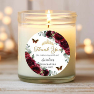 Burgundy Floral Butterflies Princess Gold Favour Classic Round Sticker