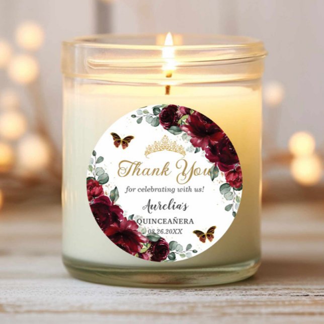 Burgundy Floral Butterflies Princess Gold Favour Classic Round Sticker (Creator Uploaded)