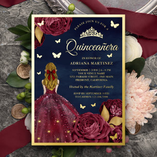 Burgundy Floral Butterfly Navy Quinceanera Gold