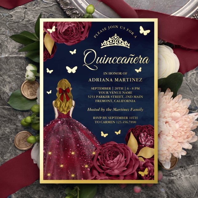 Burgundy Floral Butterfly Navy Quinceanera Gold (Creator Uploaded)
