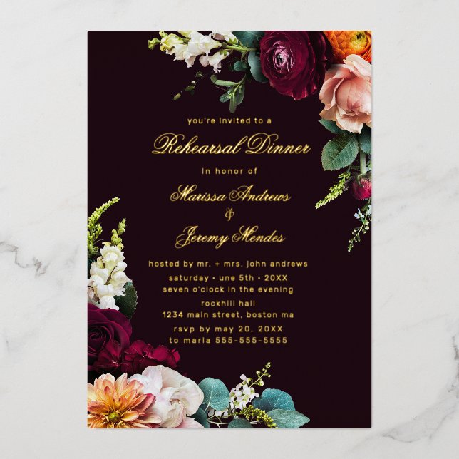 Burgundy Floral Calligraphy Rehearsal Dinner Gold (Front)