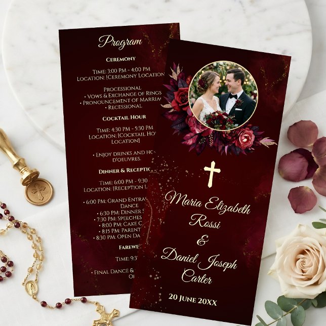 Burgundy Floral Catholic Wedding Program (Burgundy Floral Catholic Wedding Program)