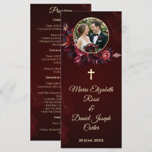 Burgundy Floral Catholic Wedding Program Card