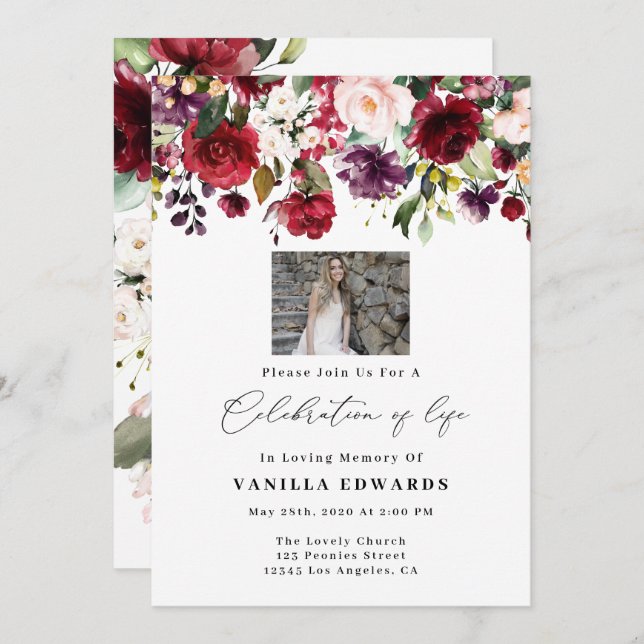 Burgundy Floral Celebration Of Life Invitations (Front/Back)