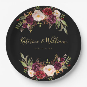 Burgundy Floral Chic Black Gold Engagement Party Paper Plate